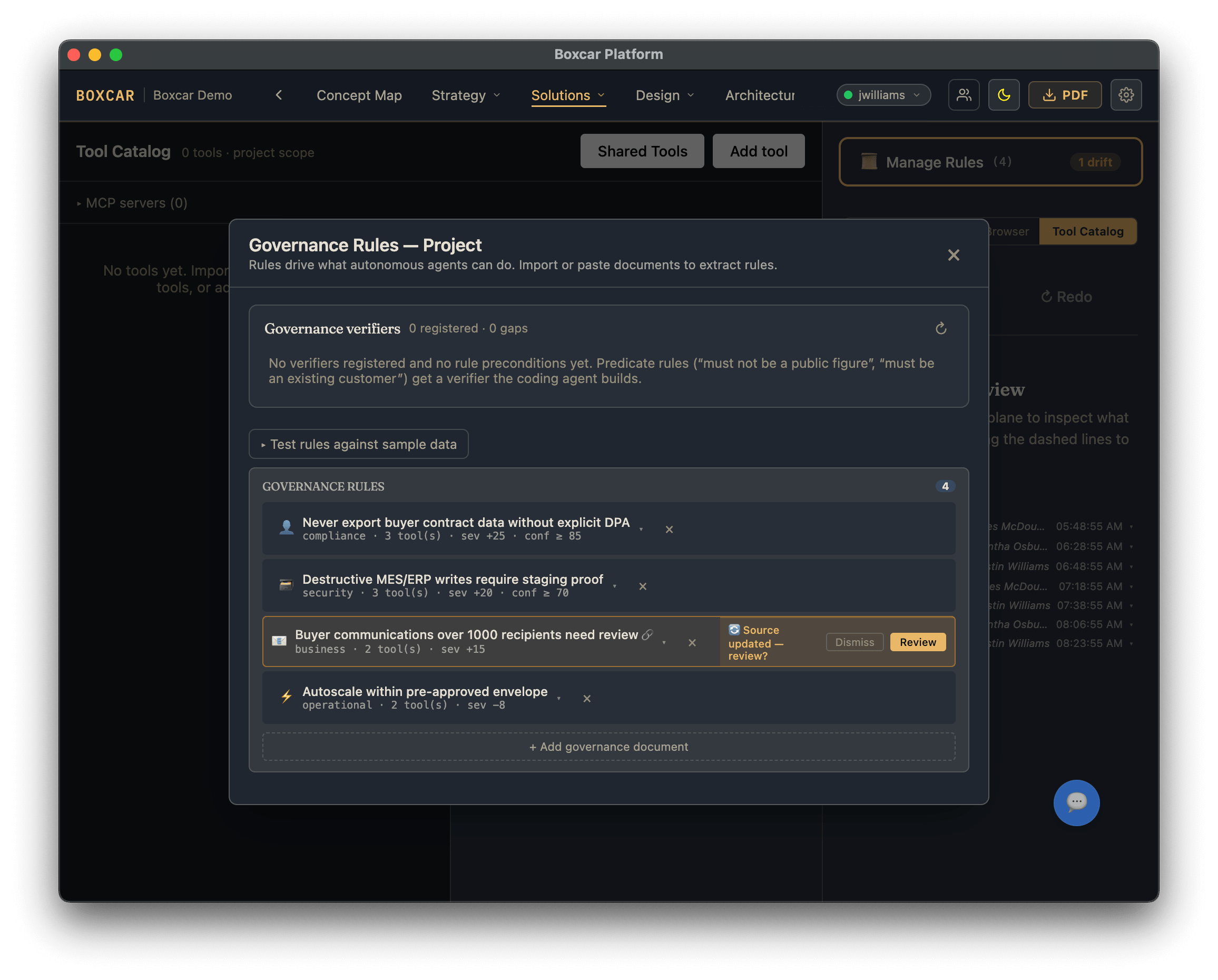 Boxcar Platform screenshot: the agent autonomy envelope