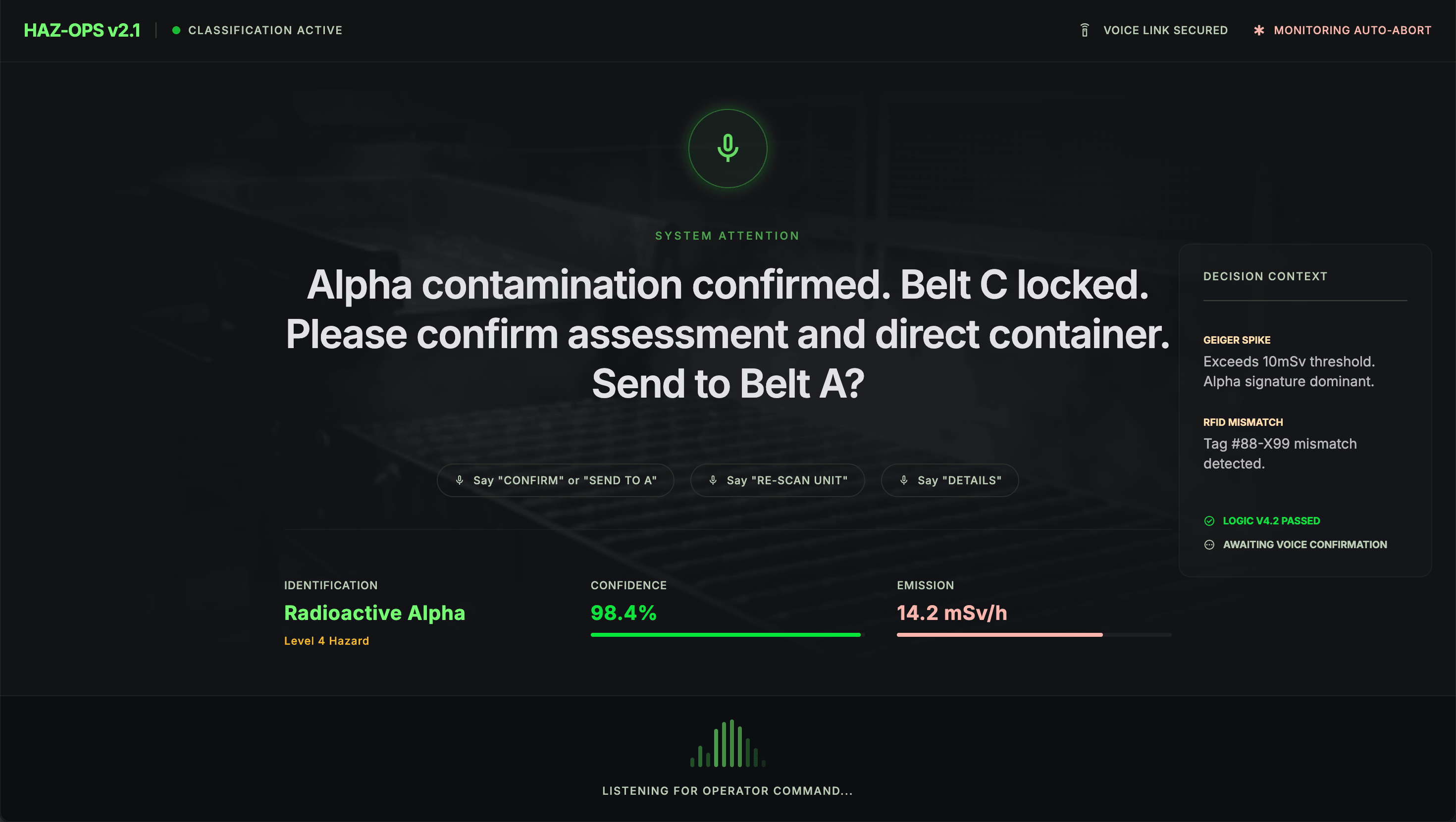 A voice-driven hazardous-materials classification interface - the system has flagged radioactive alpha contamination, locked conveyor belt C, and is asking the operator to confirm the assessment in their own vocabulary.